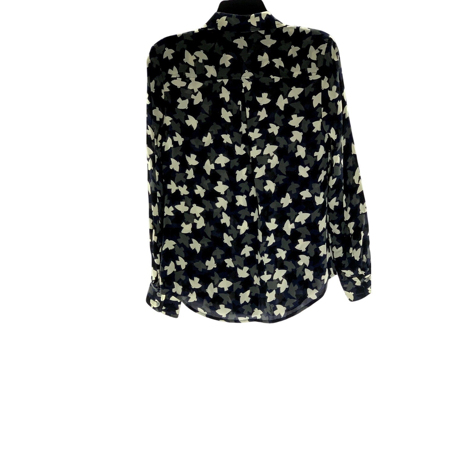 OAK73 Women's Blue/Black/White Bird Print Button-Up Long Sleeve Top SZ M