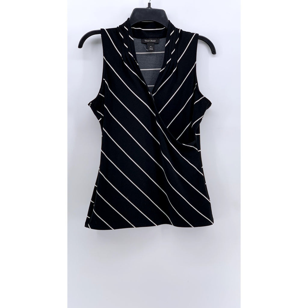 WHITE HOUSE BLACK MARKET Women's Black-White Striped V-Neck Sleeveless Top SZ M