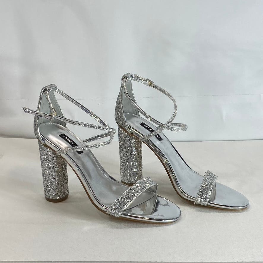 NINE WEST Women's Silver Celebra Sequin Ankle Strap Heeled Sandals SZ 7