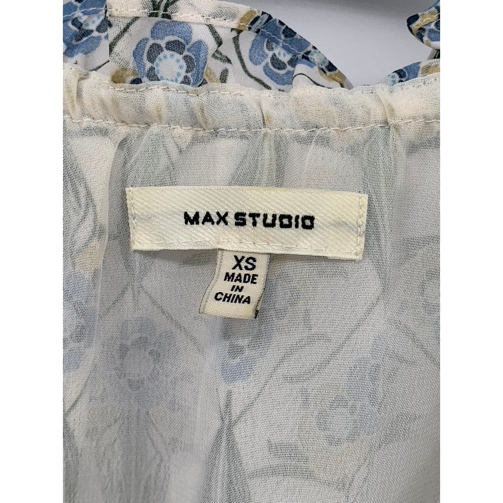 MAX STUDIO Women's White-Blue Floral Ruffle Split-Neck Sleeveless Top SZ XS