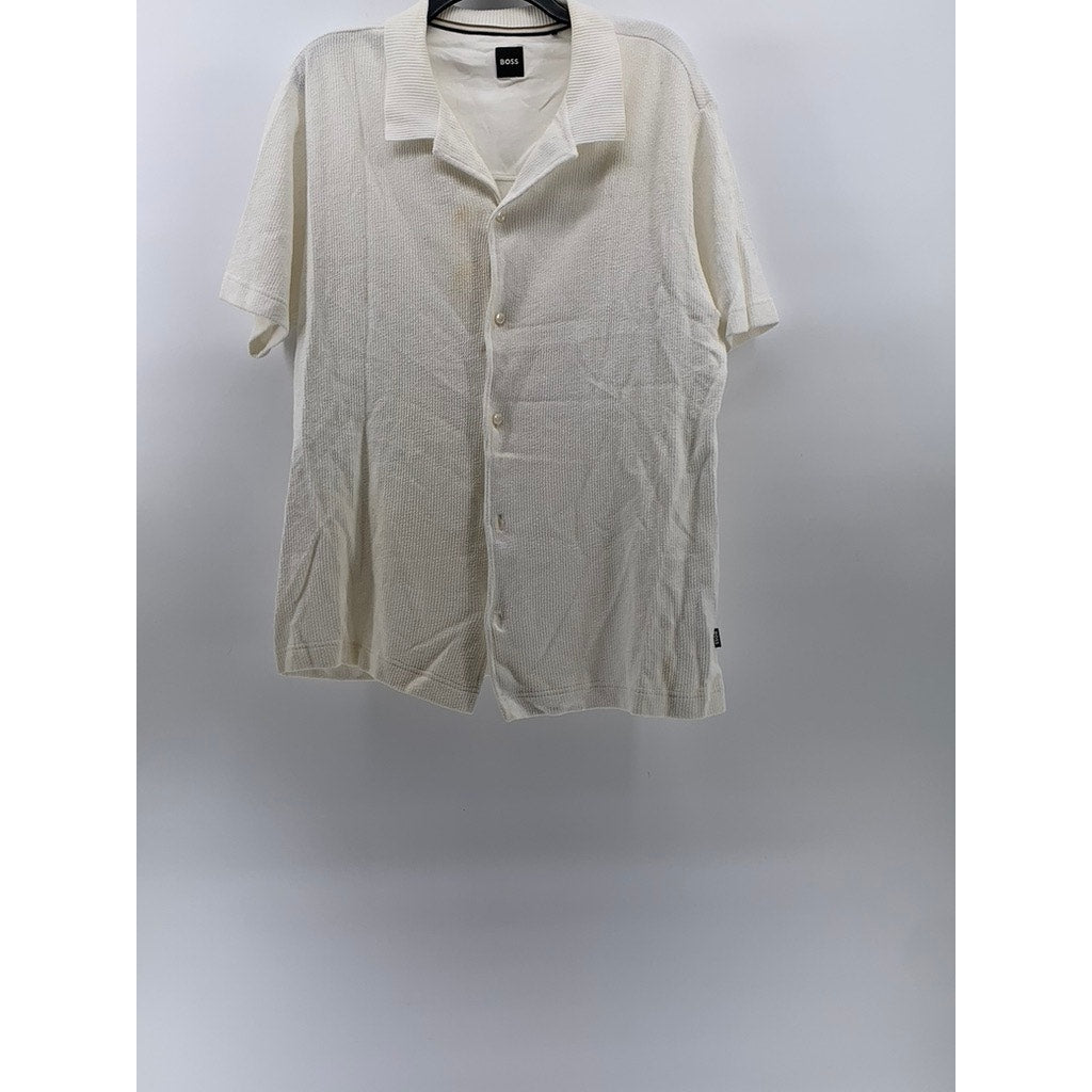 HUGO BOSS Men's Off-White Textured Regular-Fit Button-Up Short Sleeve Shirt SZ L