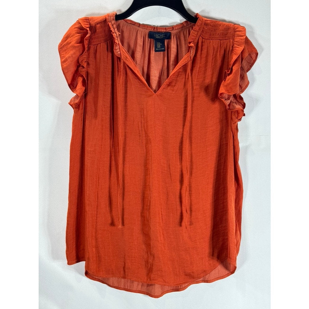 RACHEL RACHEL ROY Women's Orange Tie-Neck Ruffle Short Sleeve Top SZ M