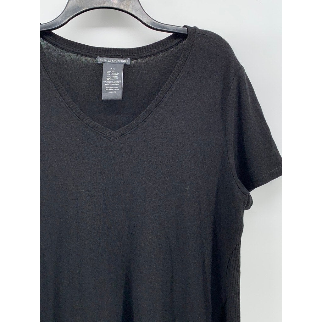 CHELSEA & THEODORE Women's Black Solid Crewneck Short Sleeve Top SZ L
