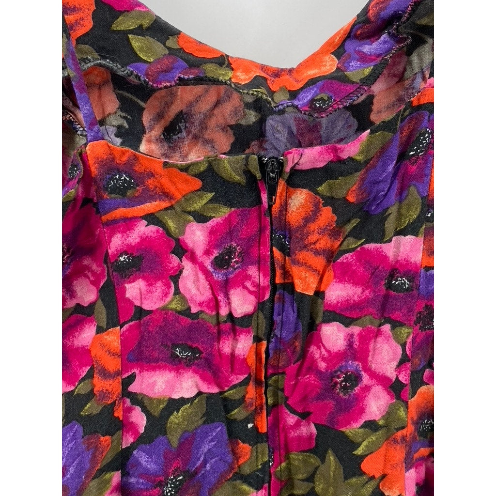 UNBRANDED Women's Orange-Purple Floral Button-Detail V-Neck Mini Dress SZ S