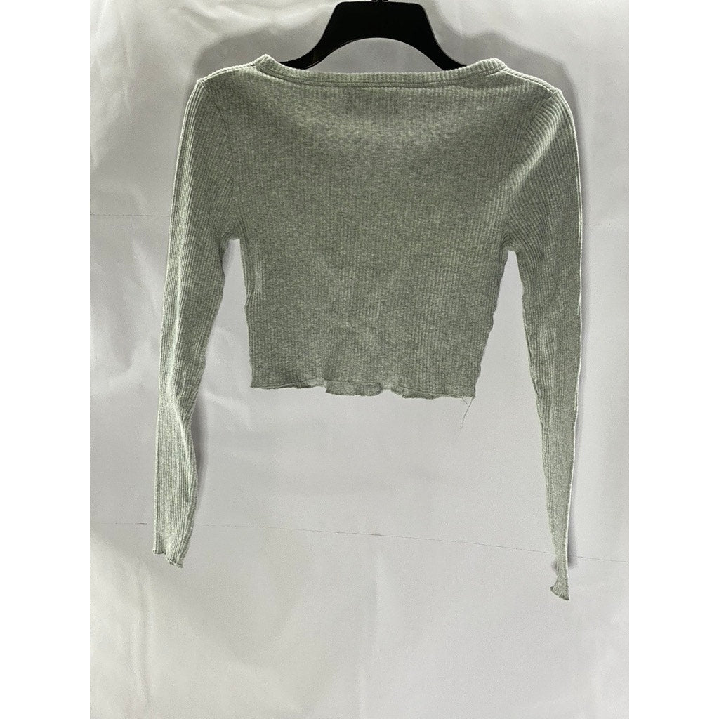 URBAN OUTFITTERS Women's Gray Ribbed Button-Front Long Sleeve Crop Top SZ M