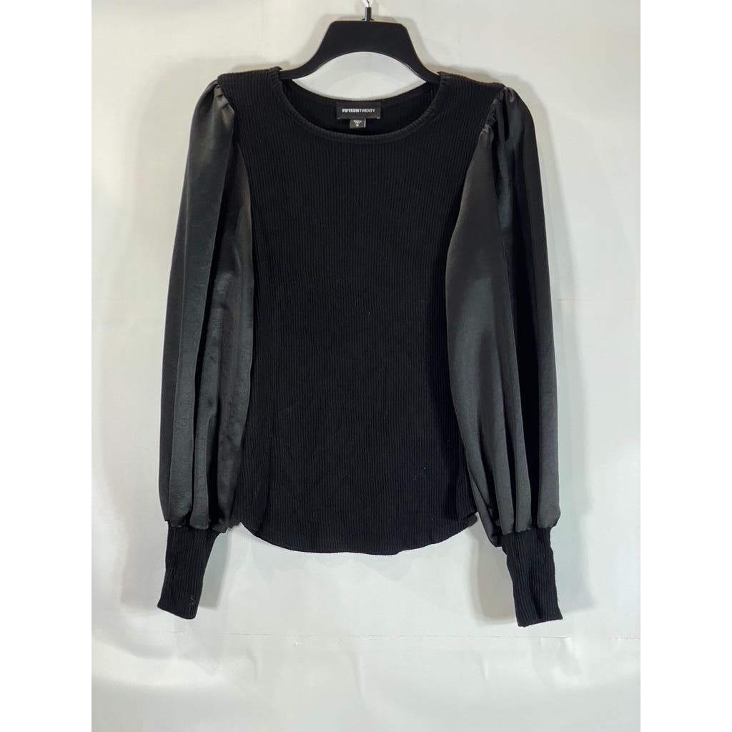 FIFTEEN TWENTY Women's Black Ribbed Crewneck Satin Puff Long Sleeves SZ S