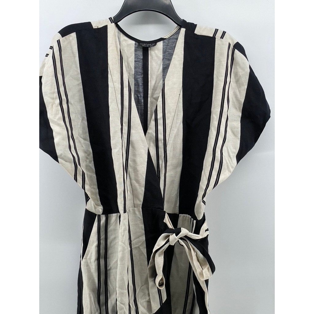 TOPSHOP Women's Black-Beige Striped Short Sleeve Knee-Length Wrap Dress SZ 6