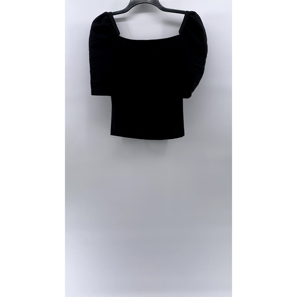 H&M Women's Black Solid Short Puff Sleeve Straight Neck Top SZ M