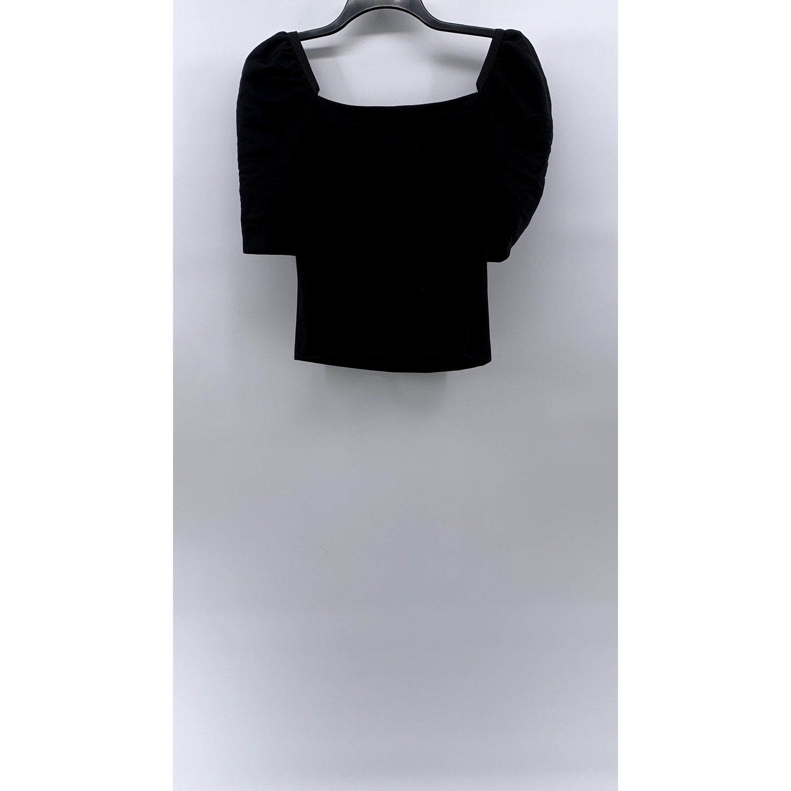 H&M Women's Black Solid Short Puff Sleeve Straight Neck Top SZ M