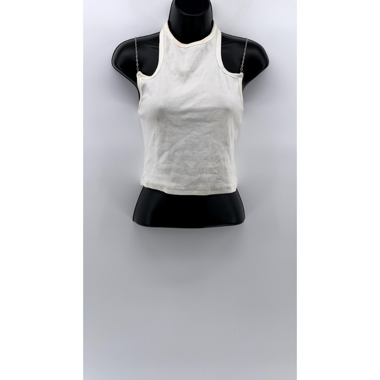 I.AM.GIA Women's White Ribbed Chain-Strap Halter Tank Top SZ S