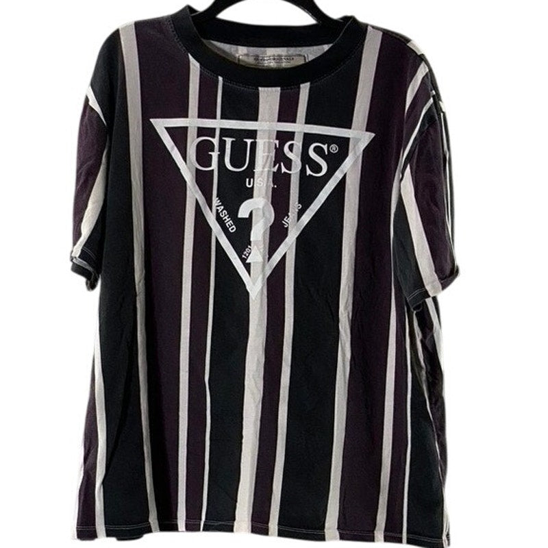 GUESS Men's Burgundy/Black Striped Vintage Crewneck Original Logo T-Shirt SZ L