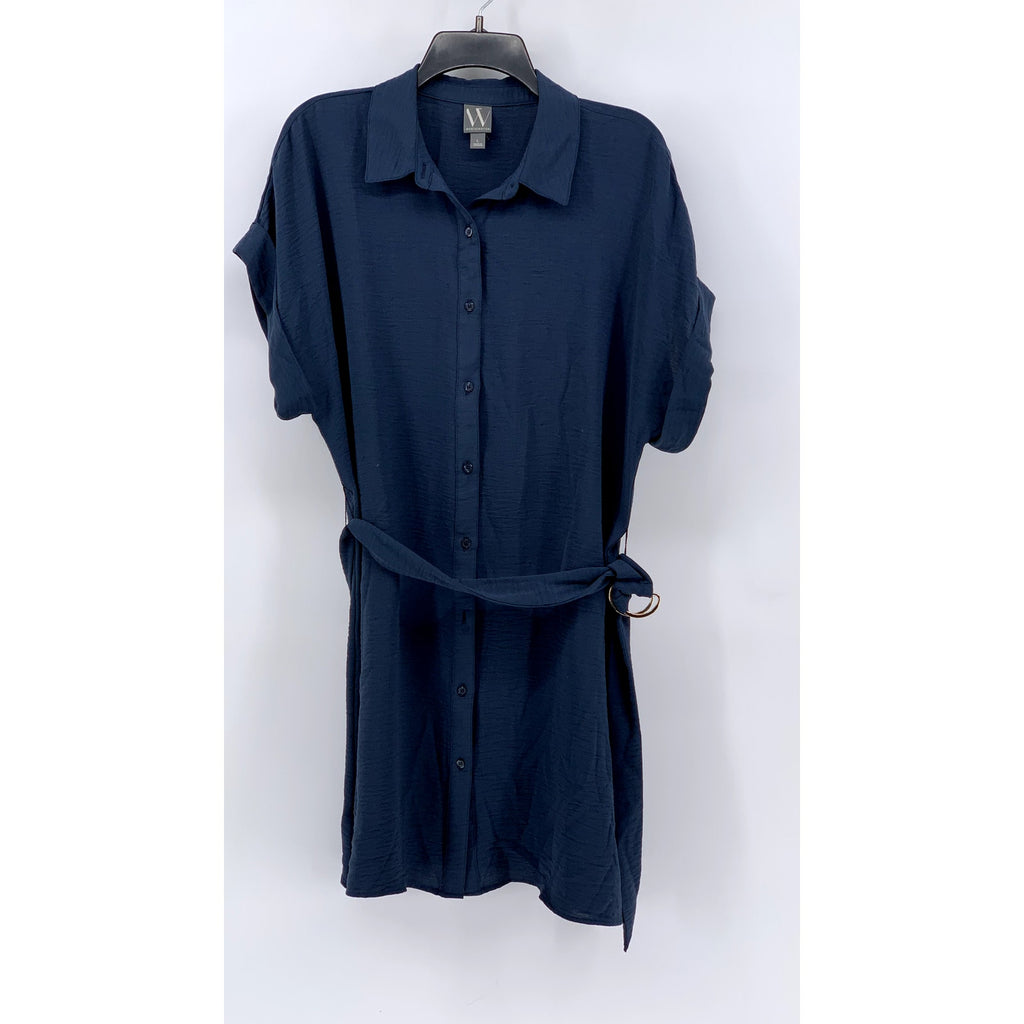 WORTHINGTON Women's Blue Button-Up Short Sleeve Belted Dress SZ L