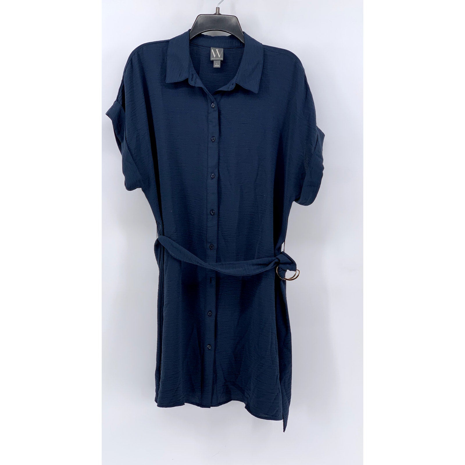 WORTHINGTON Women's Blue Button-Up Short Sleeve Belted Dress SZ L