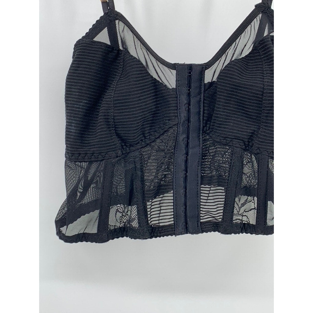 UNBRANDED Women's Black Floral Mesh V-Neck Hook Corset Cropped Top SZ S