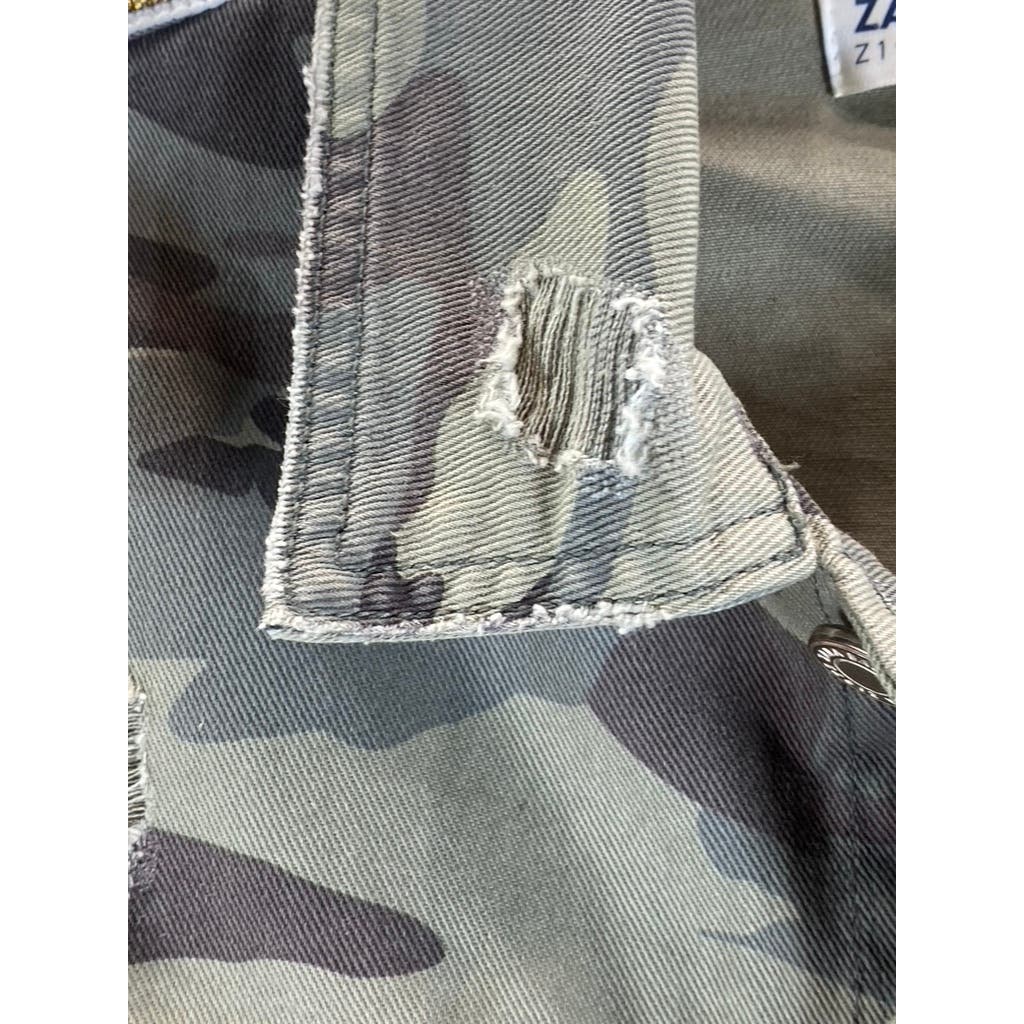 ZARA Z1975 DENIM Women's Green Camo Sequin Distressed Button-Up Jacket SZ M