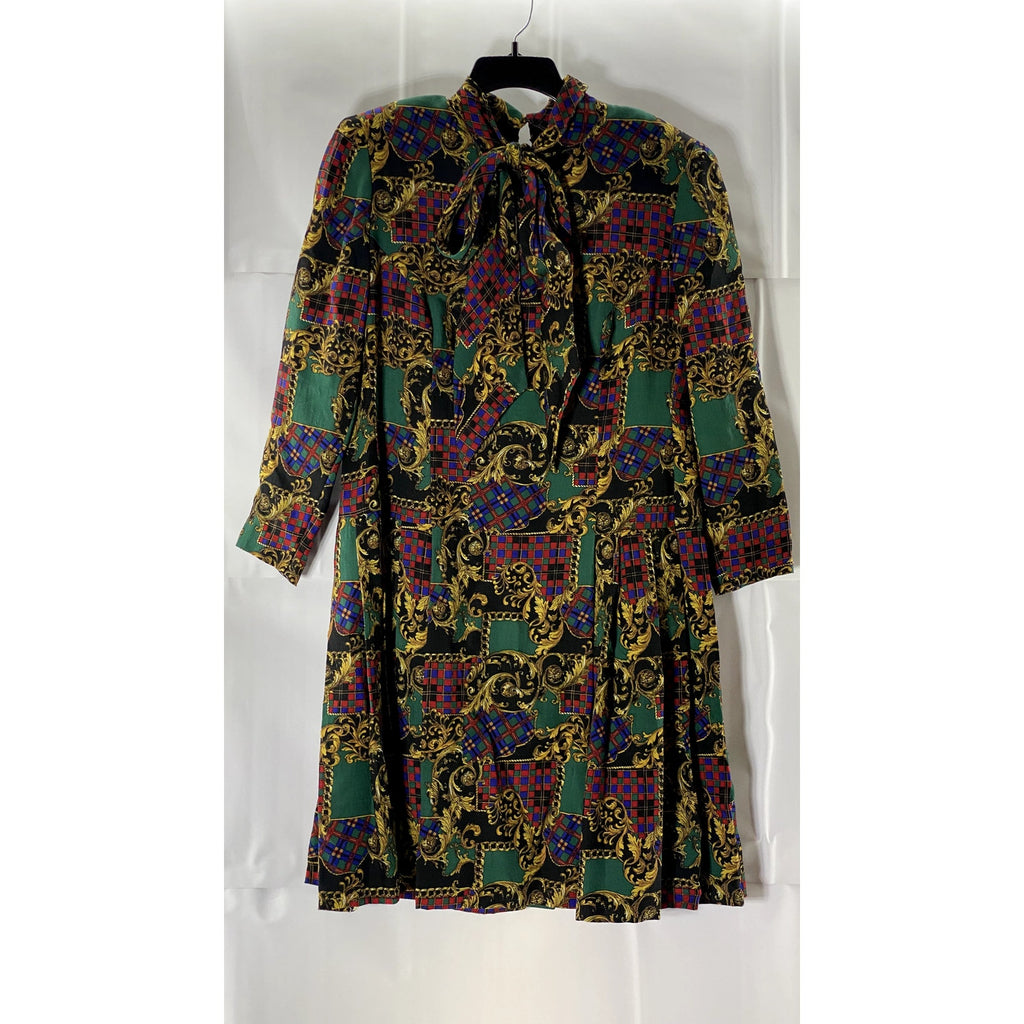 Women's Green/Tan Printed Wool Tie-Neck Long-Sleeve Fit & Flare Dress SZ M