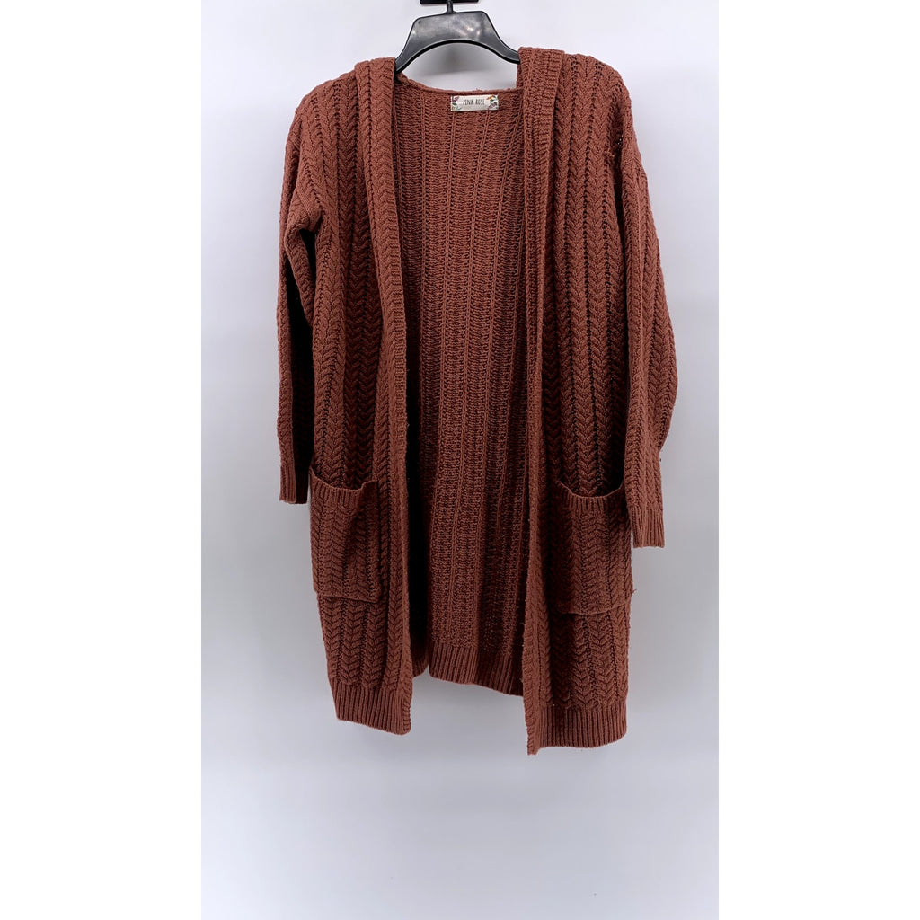 PINK ROSE Women's Rust Knit Open-Front Hooded Long Sleeve Duster SZ S