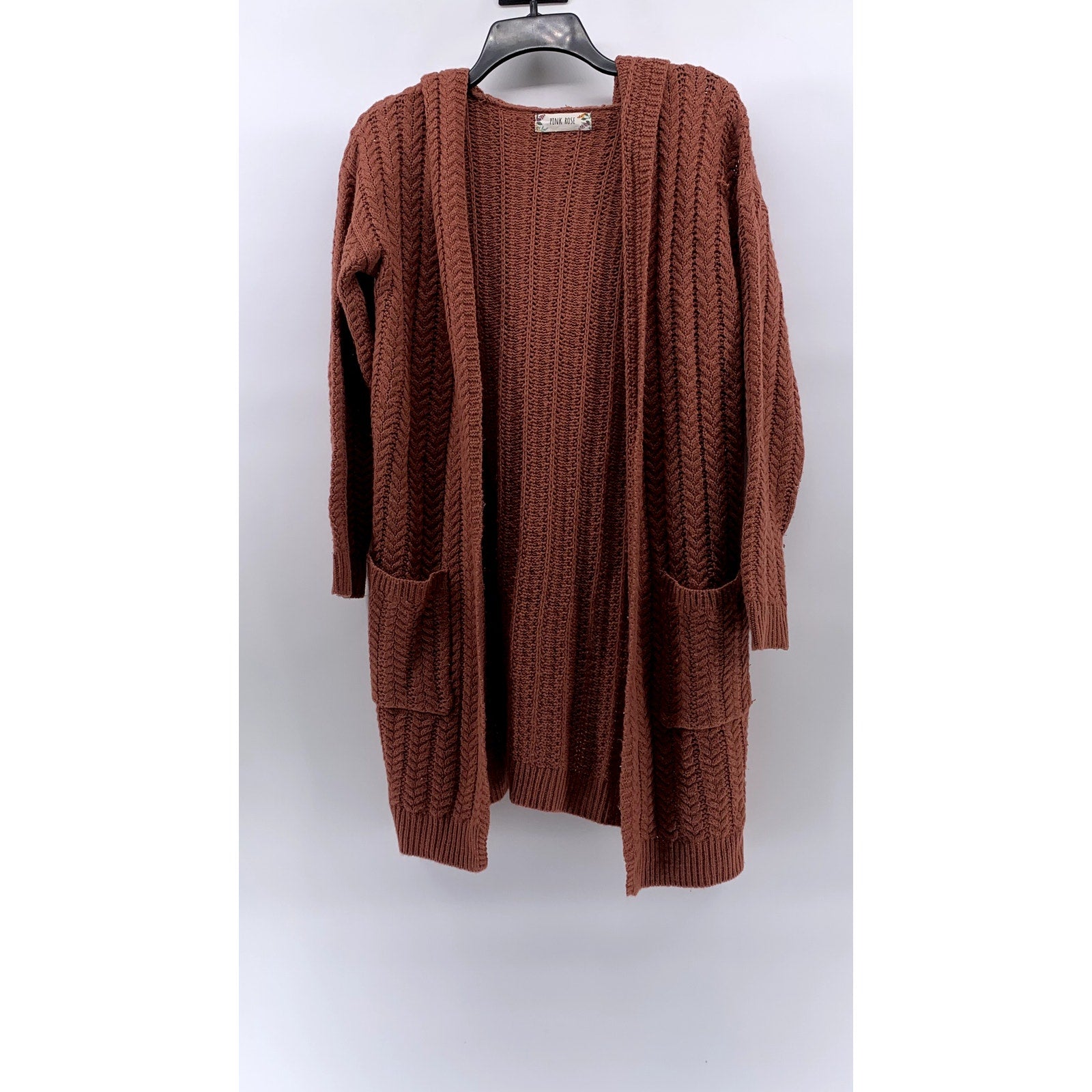 PINK ROSE Women's Rust Knit Open-Front Hooded Long Sleeve Duster SZ S