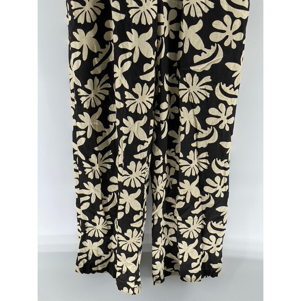 LOST & WONDER Women's Black-Beige Tropic Flair Printed Crewneck Jumpsuit SZ L