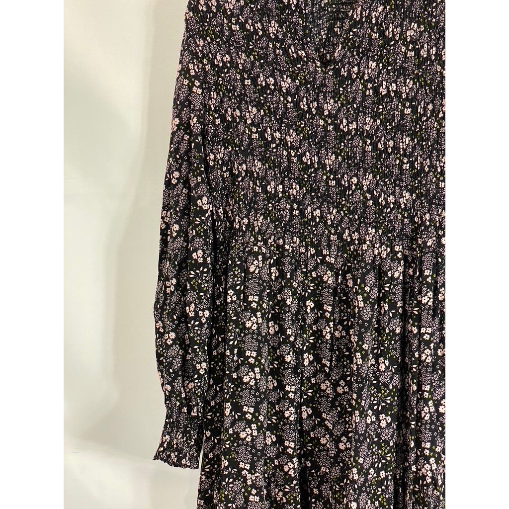 BODEN Women's Black Multi Floral Smocked Tiered Long Sleeve Midi Dress SZ 8R