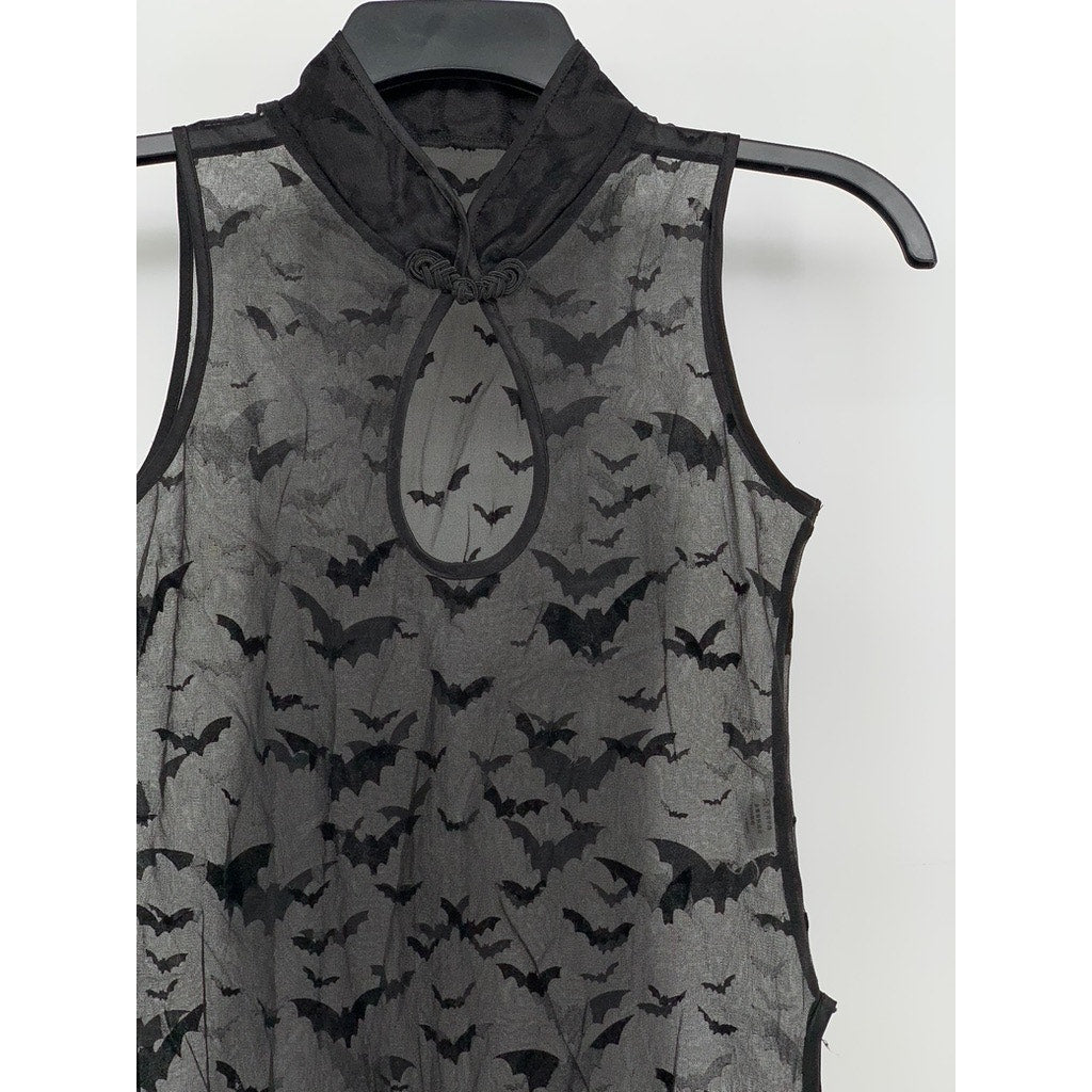 UNBRANDED Women's Black Sheer Bat Print Mock-Neck Sleeveless Top SZ OS