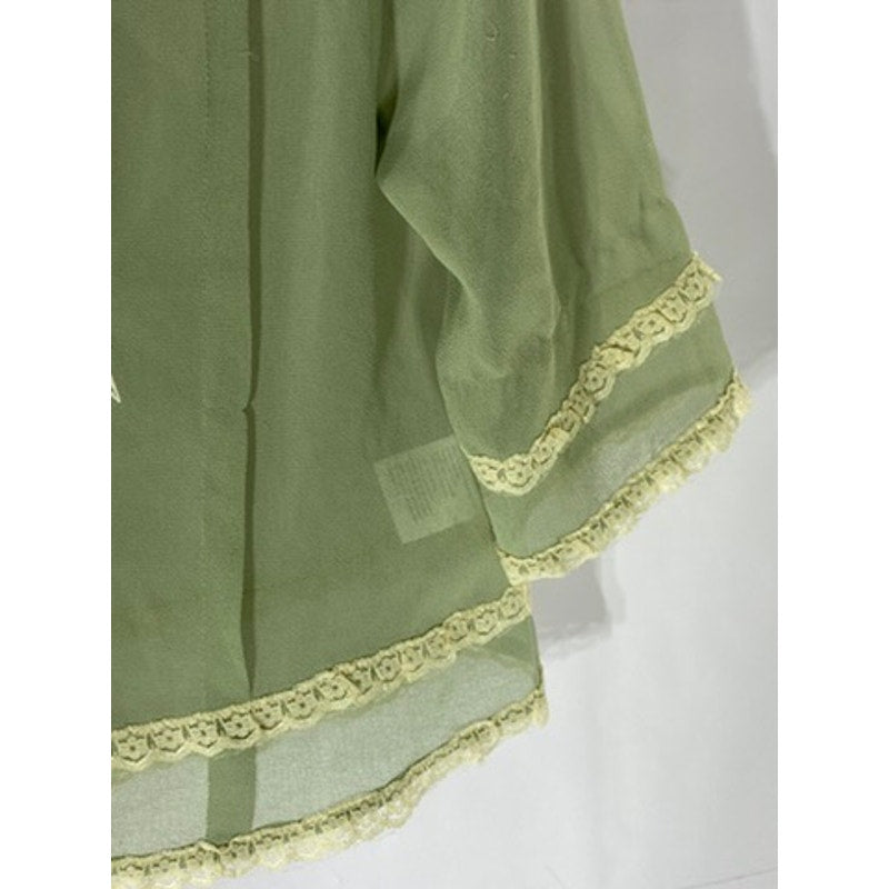 STARING AT STARS Women's Green Embroidered Lace-Trim Sheer Keyhole Top SZ XS