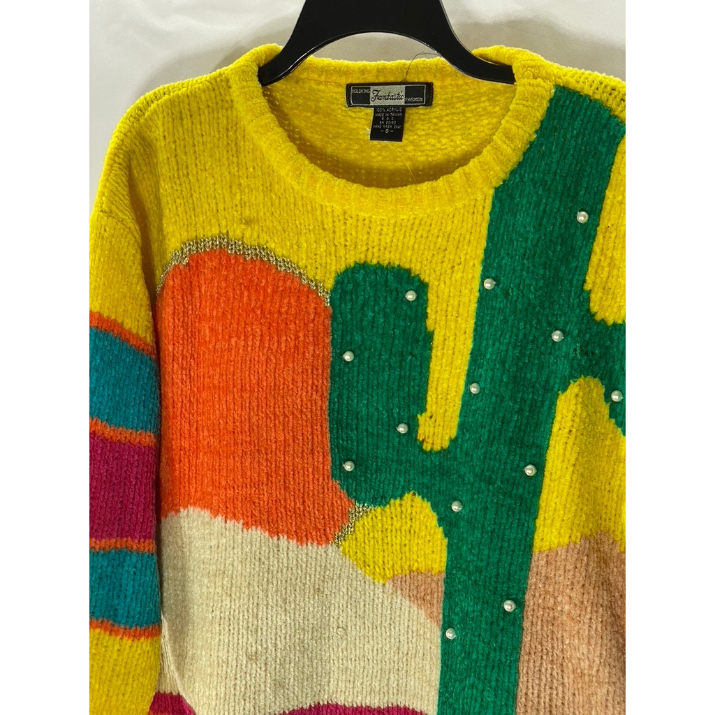 FANTASTIC FASHION Women's Yellow-Multicolor Faux Pearl Cactus Knit Sweater SZ S