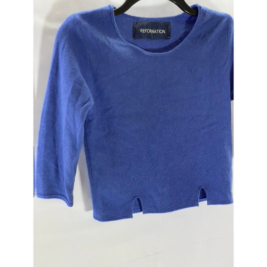 REFORMATION Women's Blue Cropped 3/4 Sleeve Scoop Neck Sweater SZ XS/S