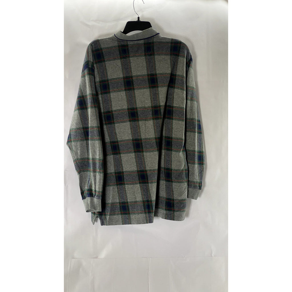 IZOD Men's Gray Check Regular-Fit Cotton Casual Long Sleeve Polo Shirt SZ L