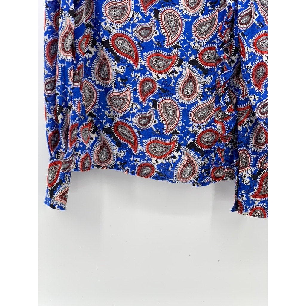 DODO BAR OR Women's Blue-Red Silk Paisley Mock-Neck Long Sleeve Top SZ 40(USS)