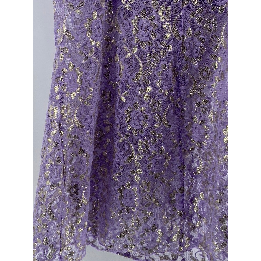 UNBRANDED Women's Purple-Gold Metallic Floral Lace V-Neck Night Gown SZ S