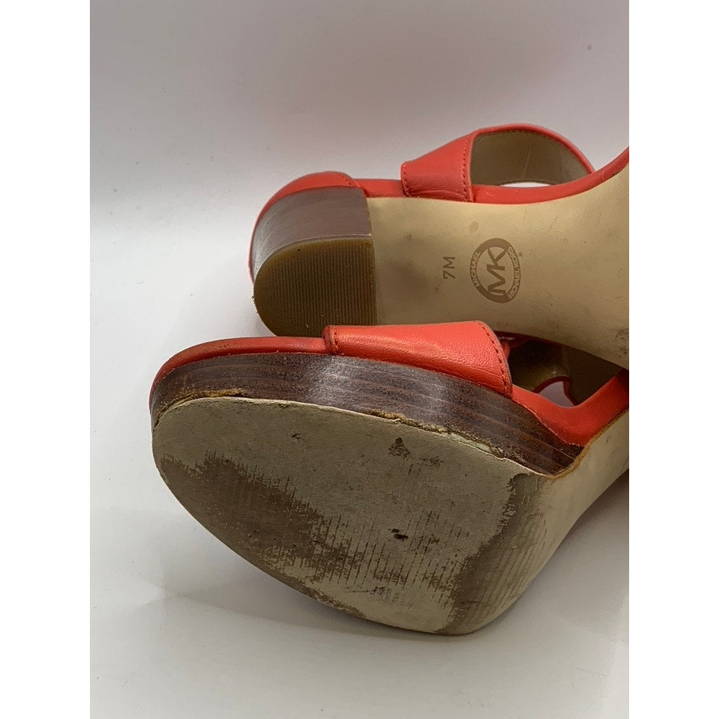 MICHAEL KORS Women's Red Coral Leather Berkley T-Strap Platform Heels SZ 7