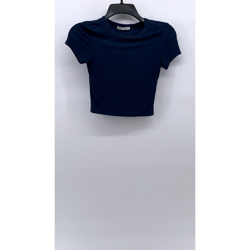 ZARA Women's Dark Blue Rib Knit Crewneck Short Sleeve Cropped T-Shirt SZ S
