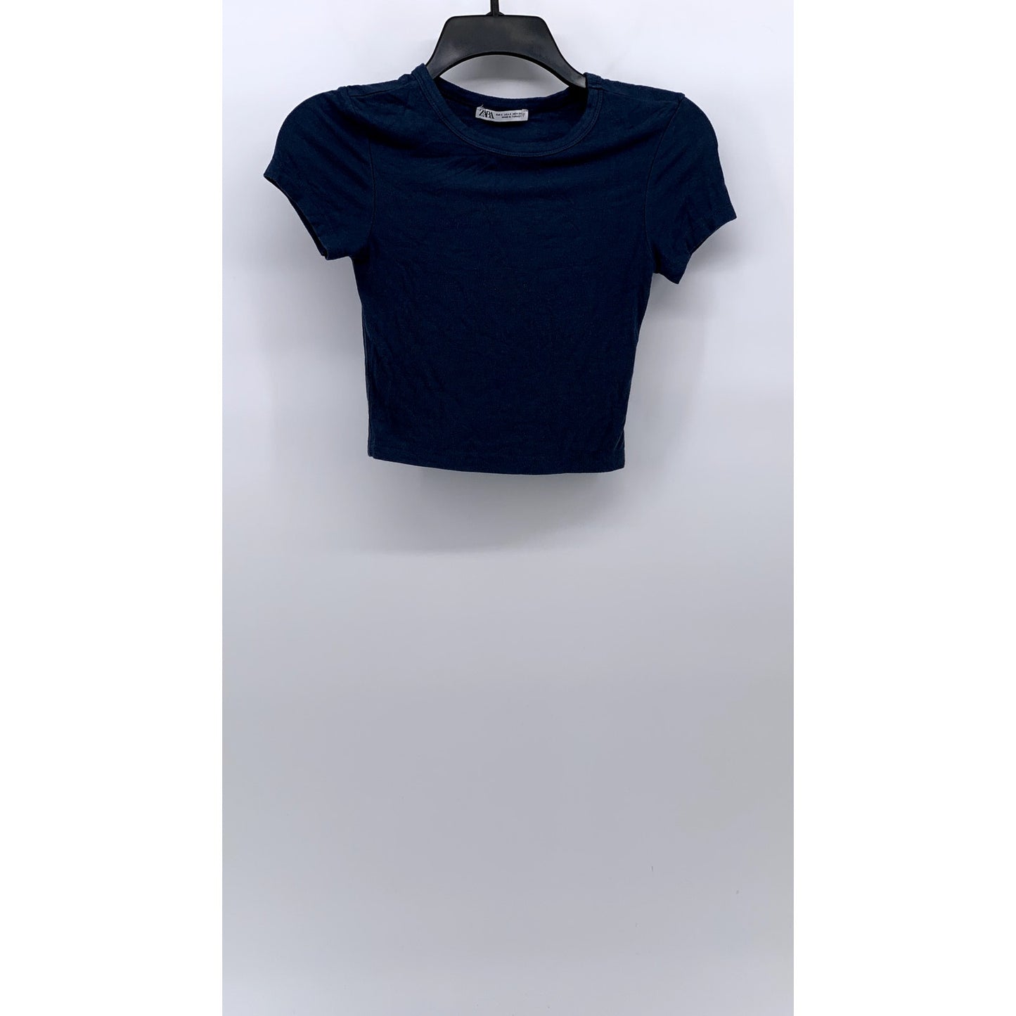 ZARA Women's Dark Blue Rib Knit Crewneck Short Sleeve Cropped T-Shirt SZ S
