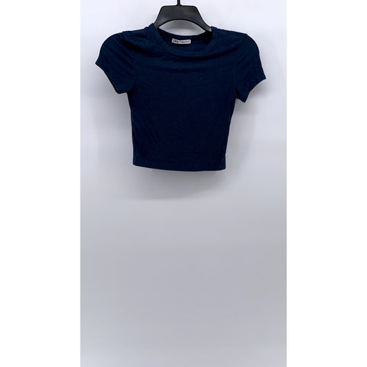 ZARA Women's Dark Blue Rib Knit Crewneck Short Sleeve Cropped T-Shirt SZ S