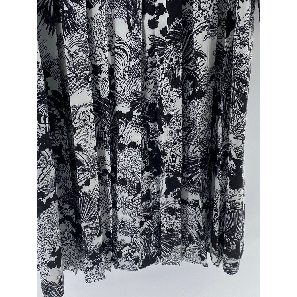 COS Women's Black-White Printed Pleated Long Sleeve A-line Midi Dress SZ 4