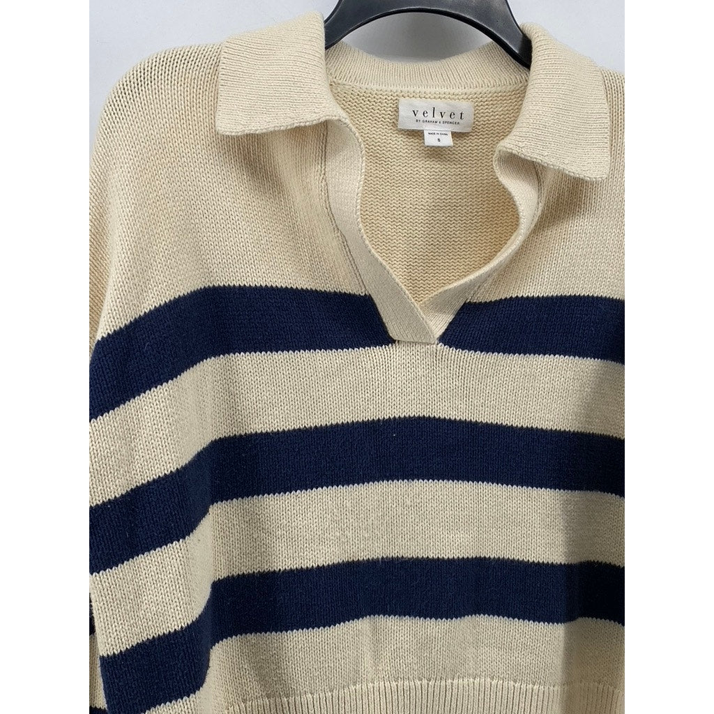 VELVET By GRAHAM & SPENCER Women's Beige-Black Striped Knit Sweater Polo SZ S