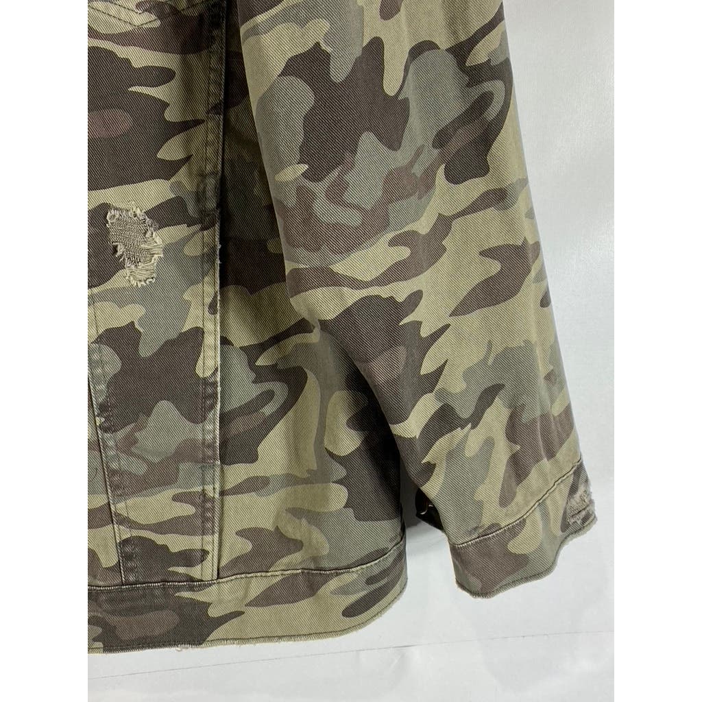 ZARA Z1975 DENIM Women's Green Camo Sequin Distressed Button-Up Jacket SZ M