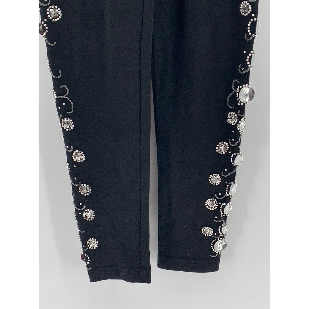CONTEMPORARY Women's Black-Silver Bead Embellished Skinny-Leg Pull-On Pant SZ S