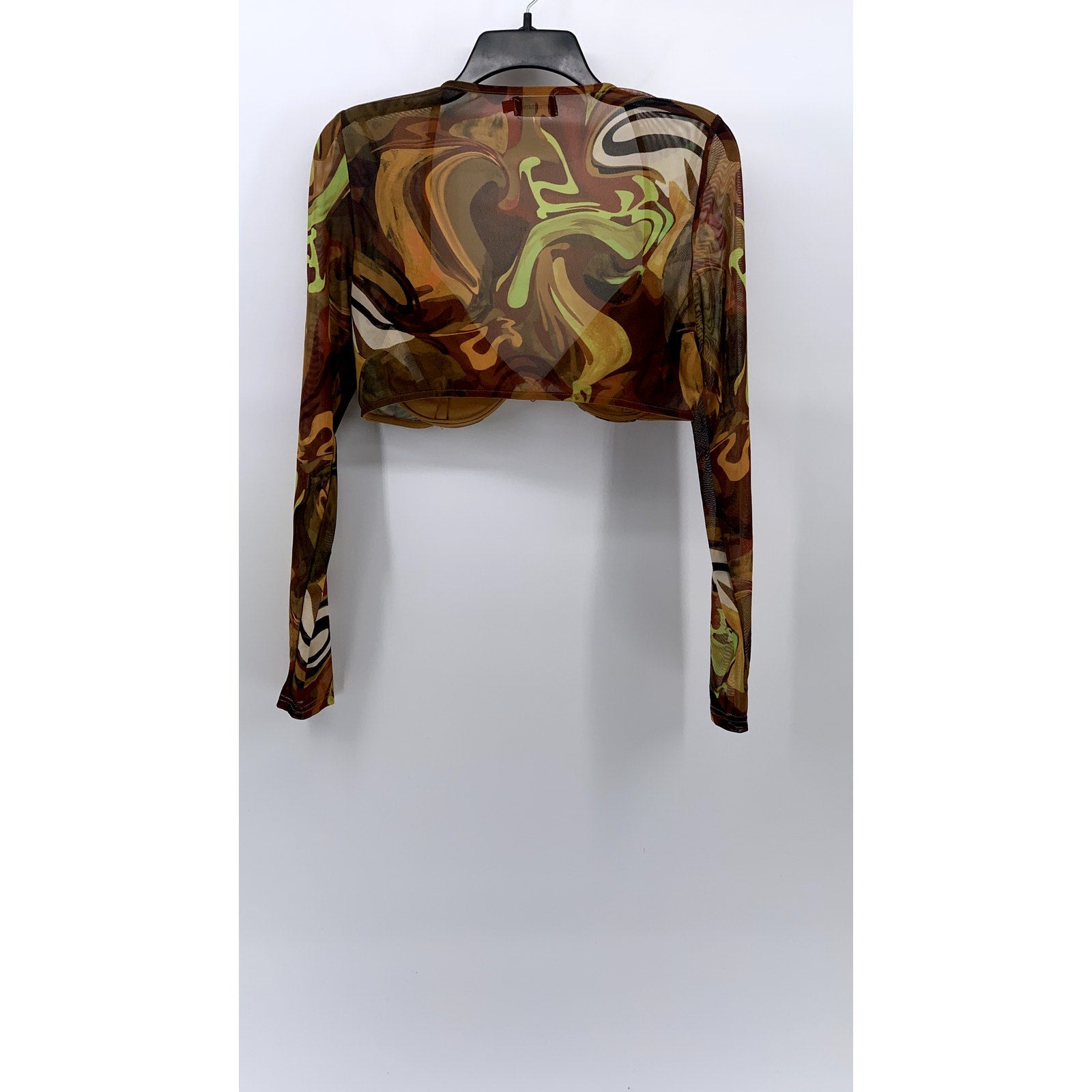 PRETTYLITTLETHING Women's Brown-Multi Sheer Mesh Long Sleeve Cropped Top SZ 10