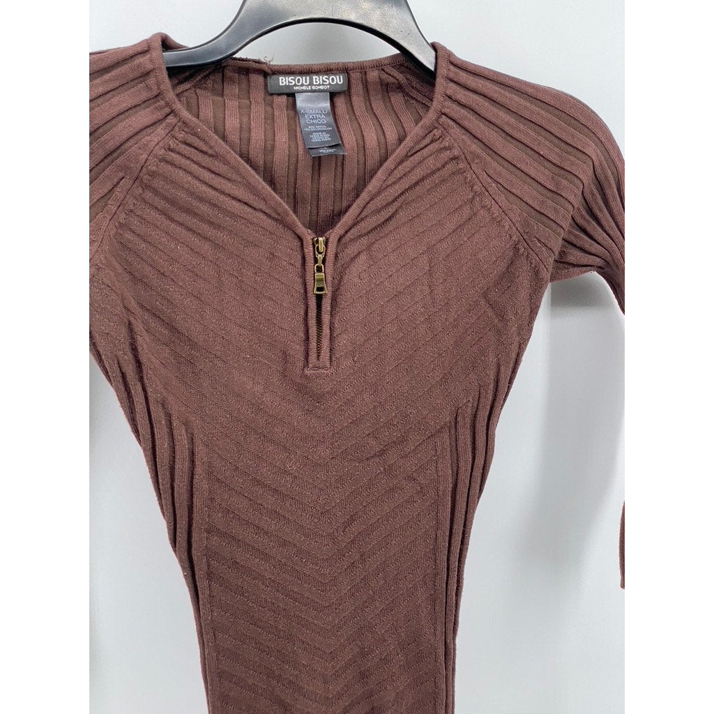 BISOU BISOU Women’s Brown Wide Rib Long Sleeve Half-Zip Sweater Top SZ XS