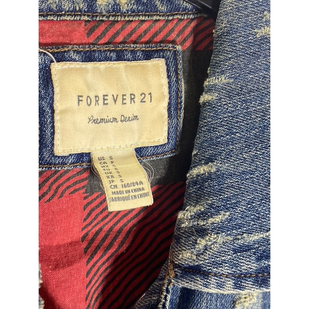 FOREVER 21 Women's Blue Denim Custom Studded Distressed Button-Up Jacket SZ S