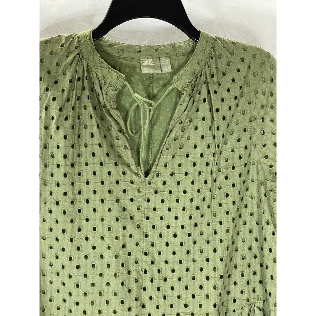 ASOS Women's Dark Green Eyelet Tie-Neck Long Sleeve Tiered Mini Dress SZ 2