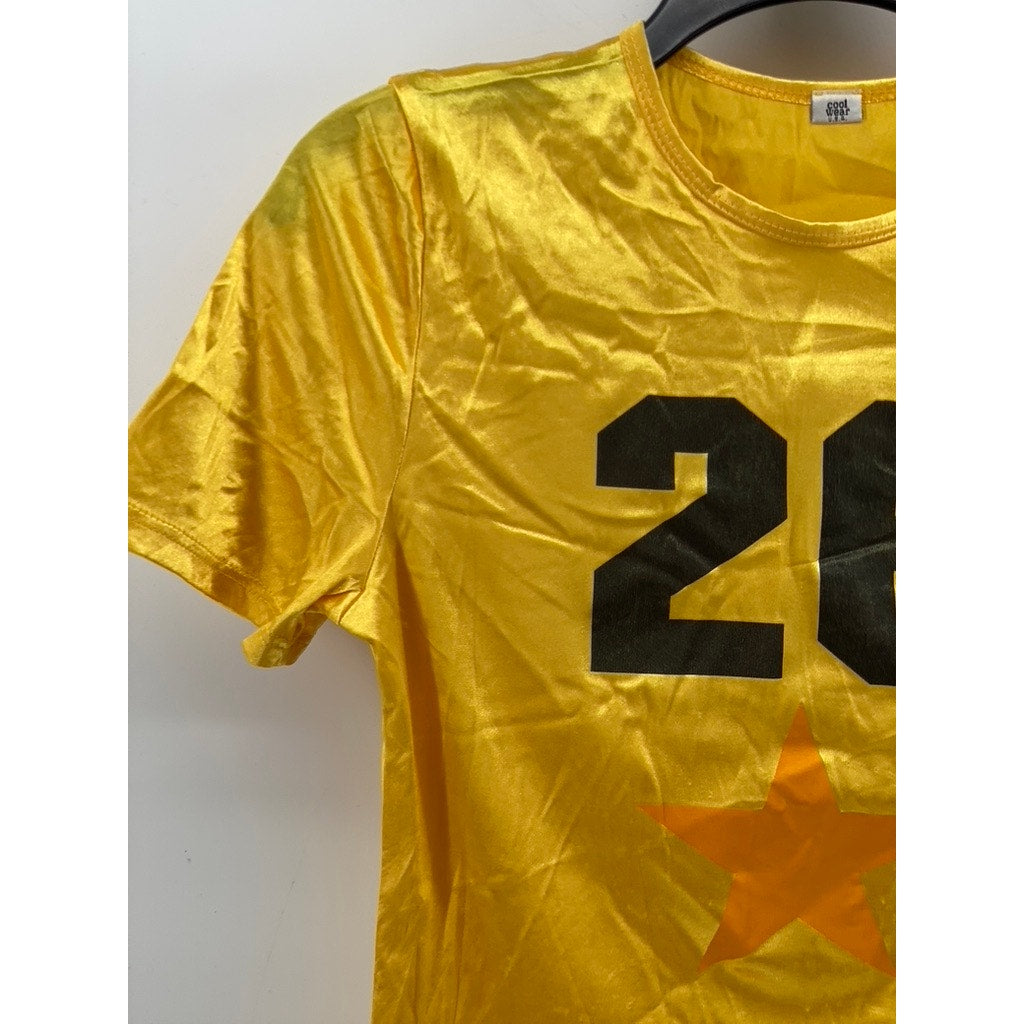 COOLWEAR USA Women's Yellow-Black Shiny Crewneck Short Sleeve Cropped Top SZ L