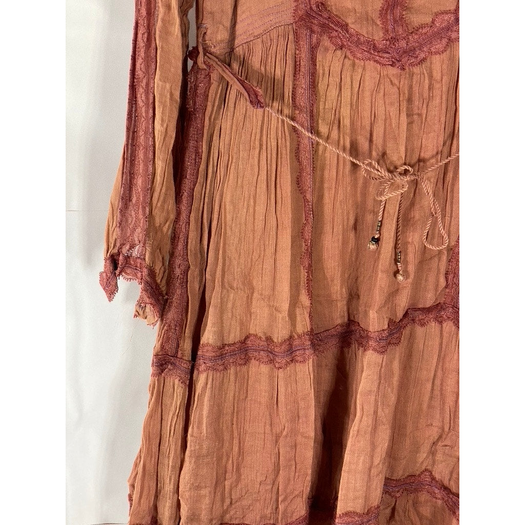 UNBRANDED Women's Burnt Orange Lace-Trim V-Neck Tiered Tie-Waist Midi Dress SZ S