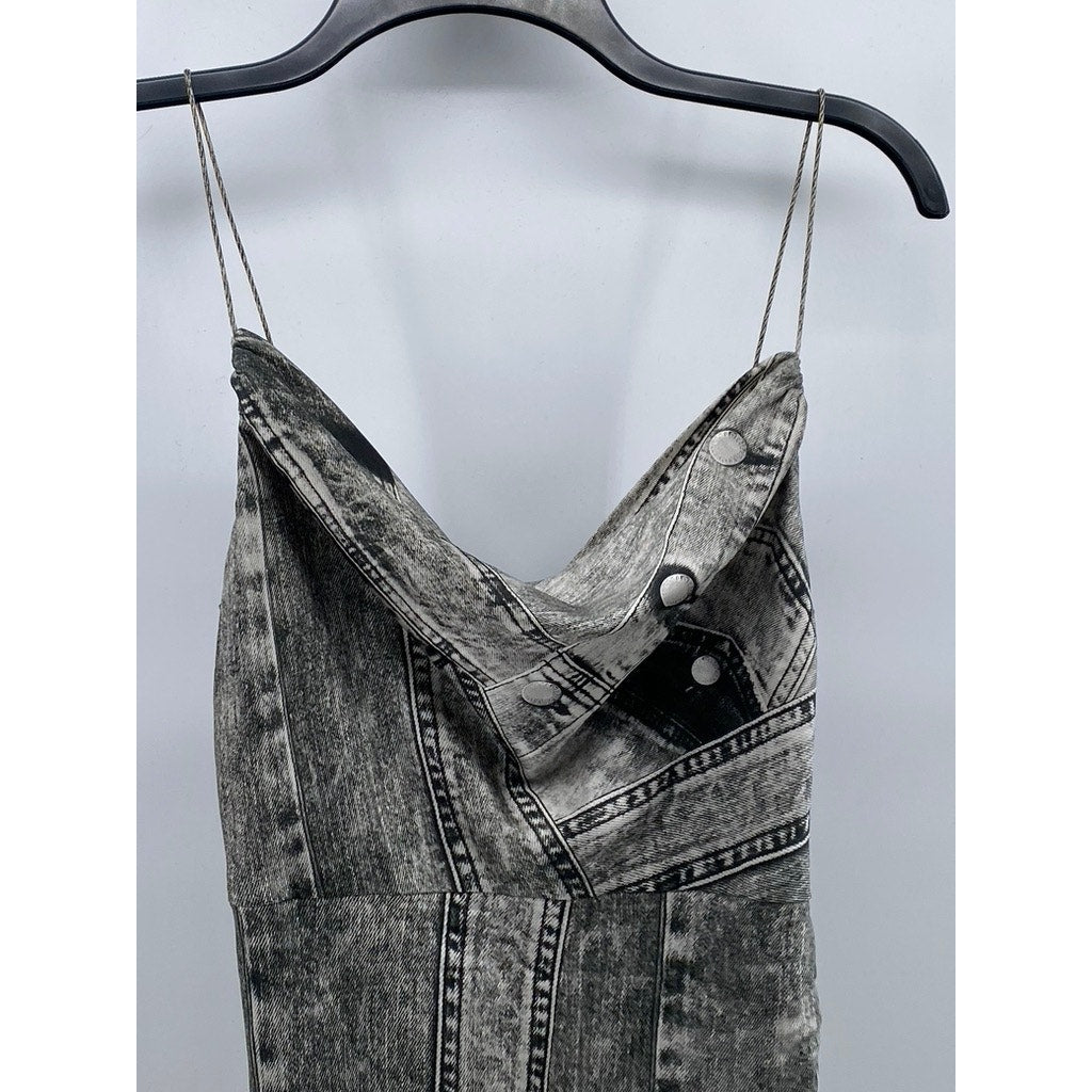 RETROFETE Women's Black-Gray Silk Acadia Spaghetti Strap Side-Slit Dress SZ XS