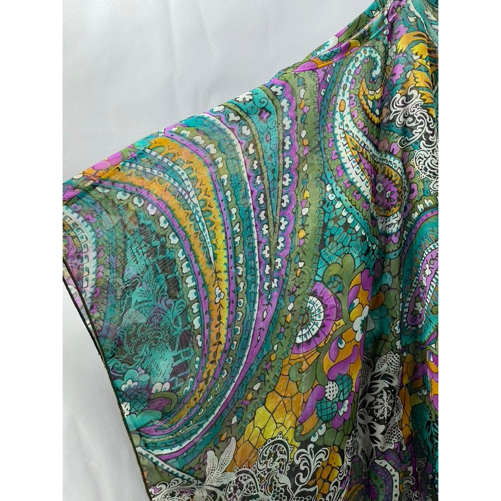 MANDEE Women's Green Sheer Printed Straight-Neck Cutout Shoulder Top SZ S