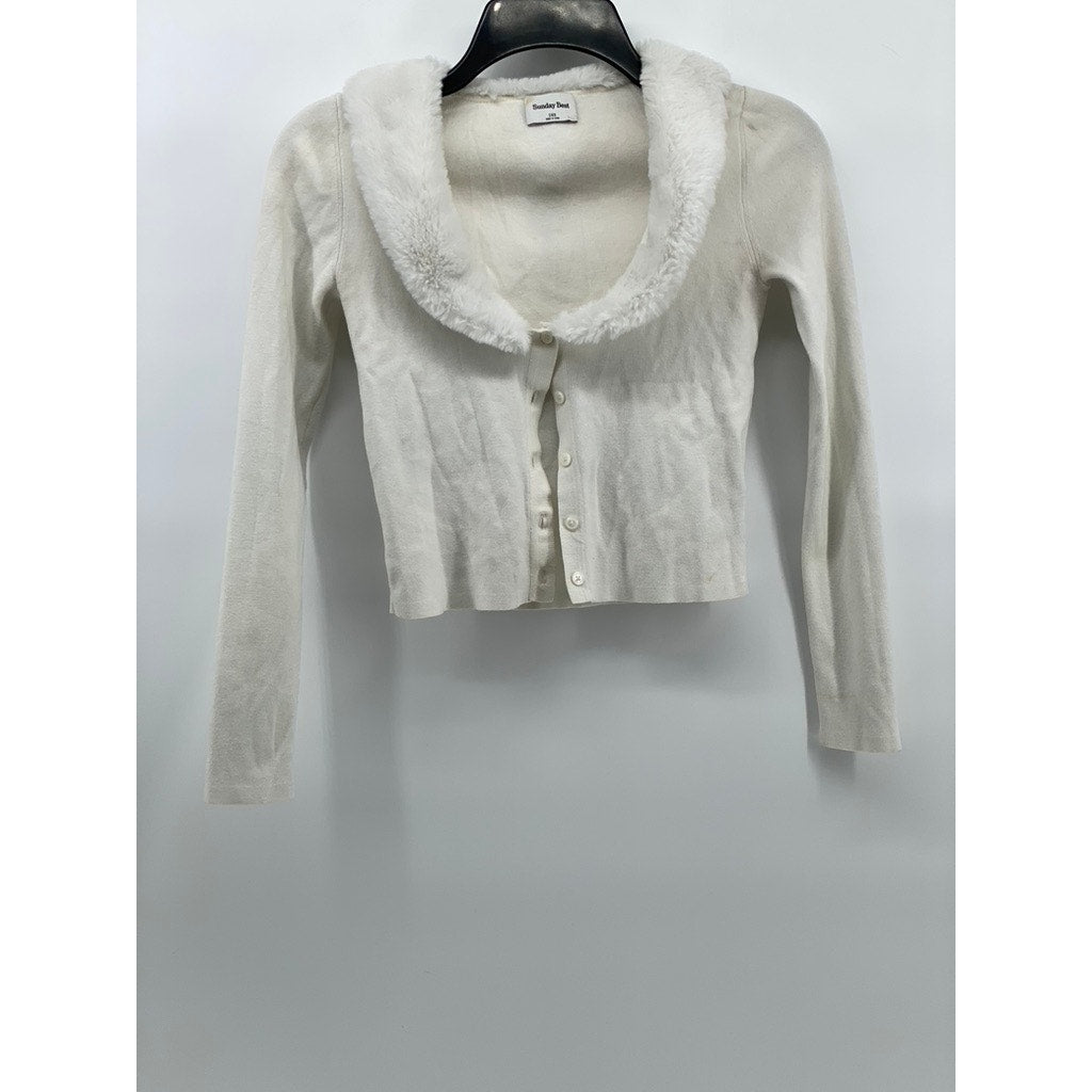 SUNDAY BEST Women's White Faux-Fur Button-Up Cropped Sweater Top SZ 2XS