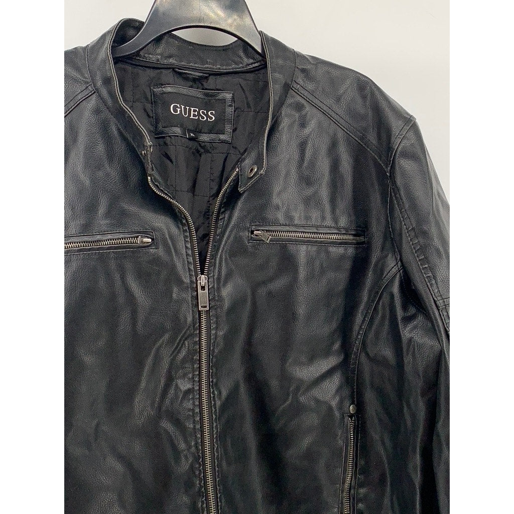 GUESS Men's Black Faux Leather Zip-Up Jacket SZ XL