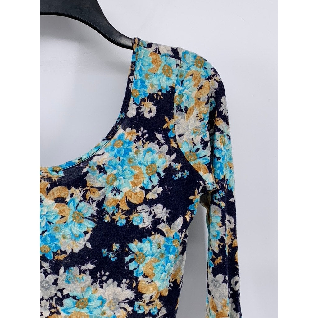 CHARLOTTE RUSSE Women's Blue Floral Scoop-Neck Long Sleeve Tie-Open Back SZ M